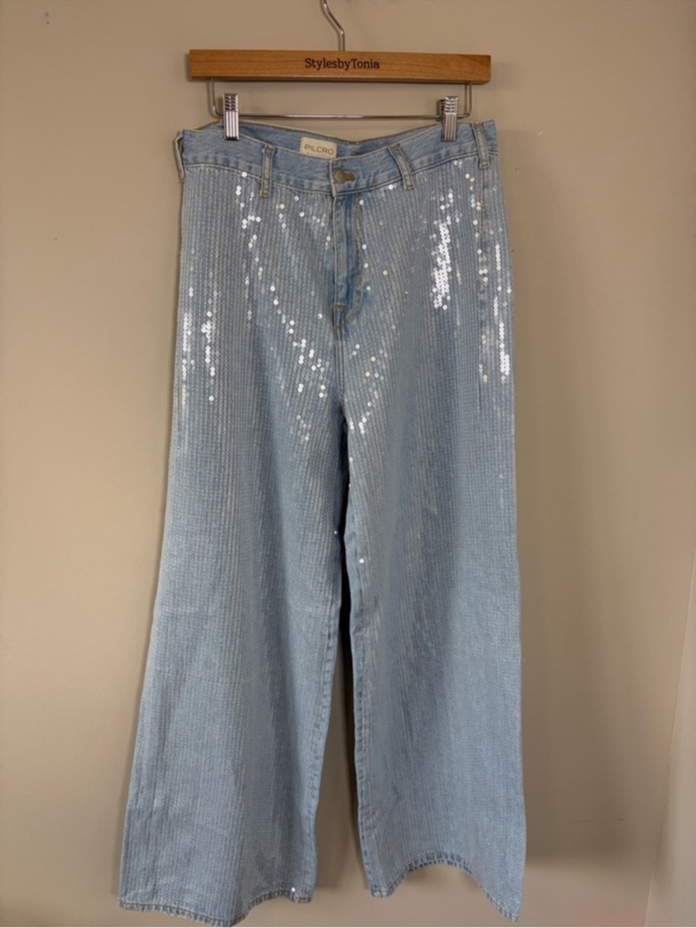 Anthropologie Pilcro Sequin Skater High Rise Wide Leg Jeans Sparkle Sz 27 NEW - Picture 5 of 15